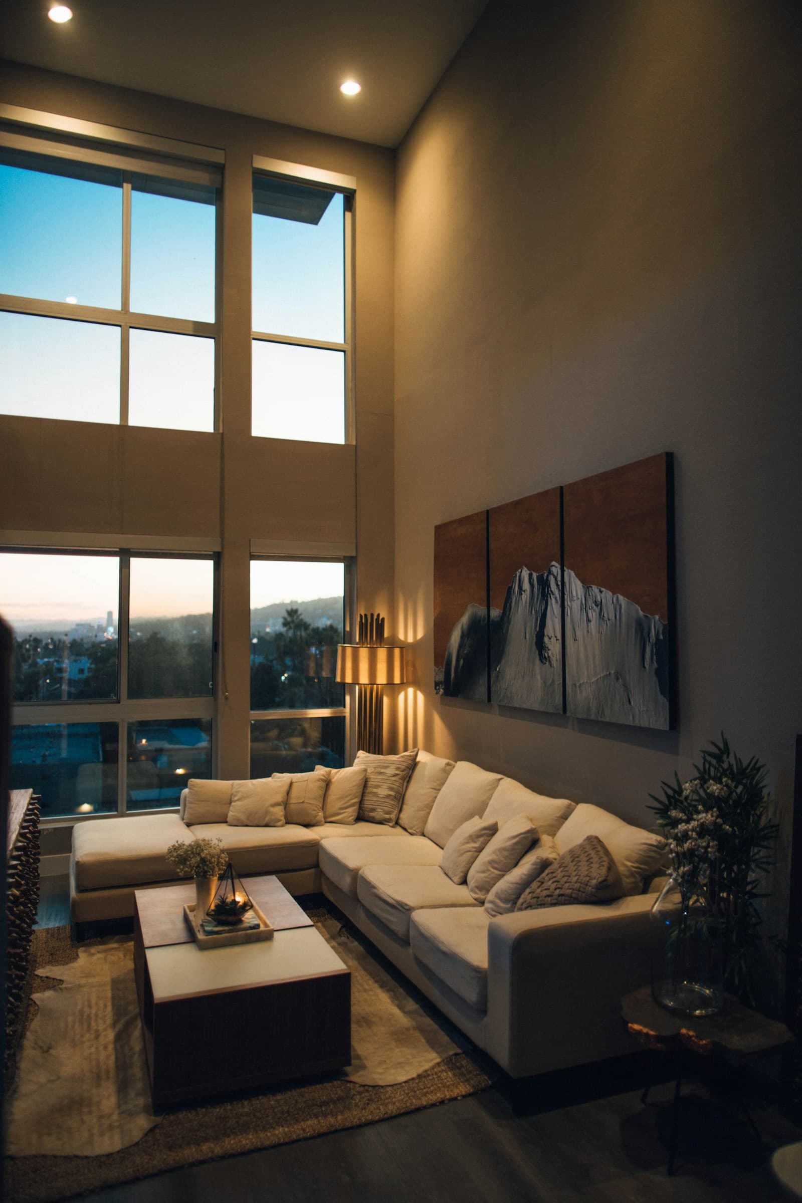 Sunlit living room with a chaise by the window