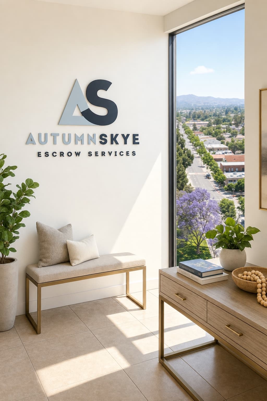 The Autumn Skye Escrow reception, with a window overlooking the Inland Empire